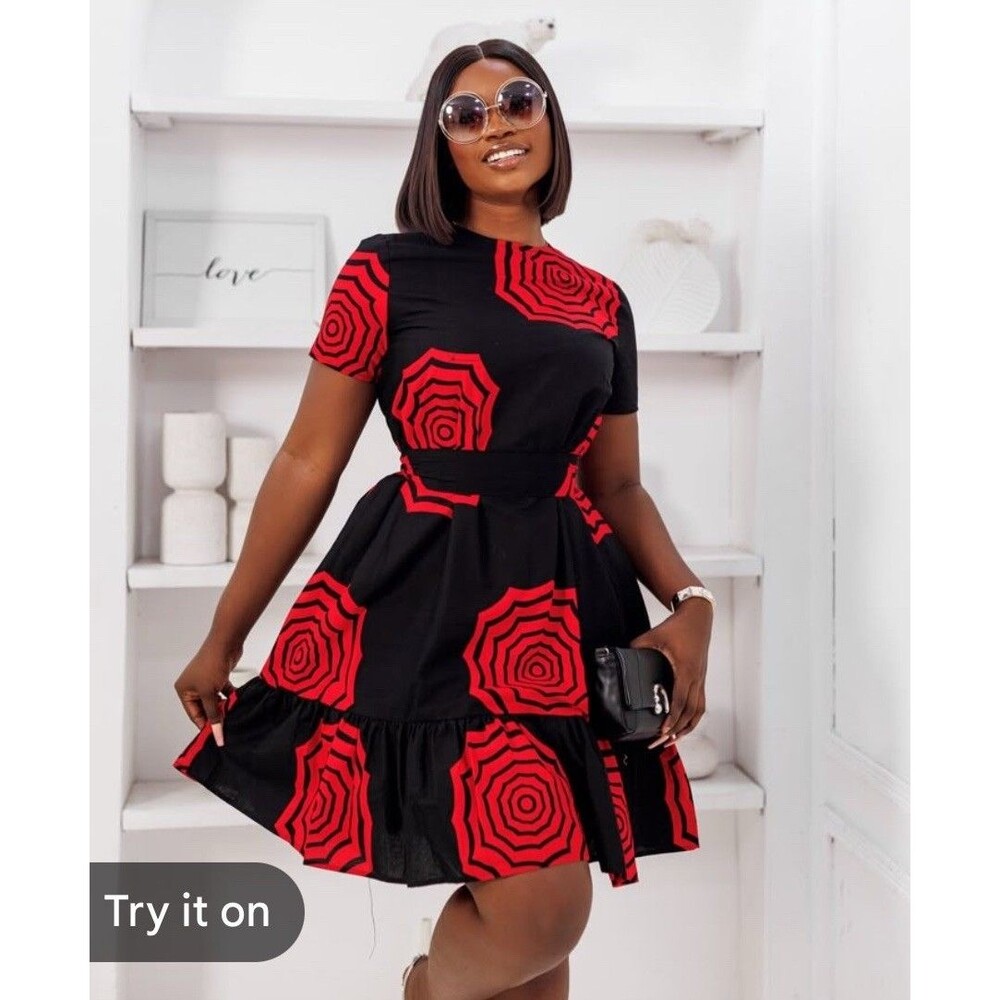 Mae Otti Ankara African Print Dress Womens Short Ruffle Umbrella Red Black Belt